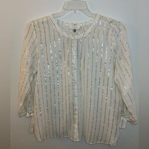 LOFT White Shimmer Stripe Button Down Shirt